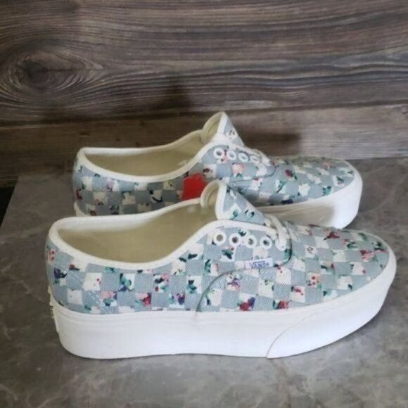 New Vans Authentic Stacked Woven Denim Floral Blue White Platform Shoes - Picture 4 of 8